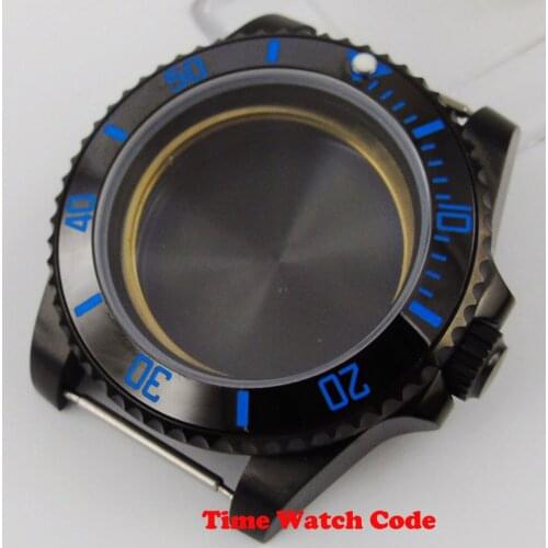 High quality 40mm Black Mens Watch Case PVD Coated fit ETA 2836 Miyota 8215 DG 2813 ceramic bezel blue numbers