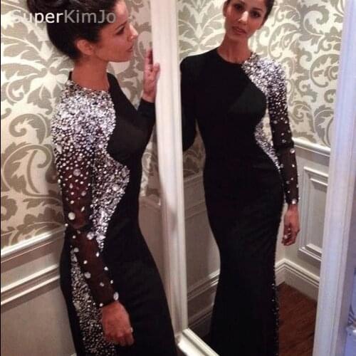 SuperKimJo Black Evening Dresses 2020 Long Sleeve Mermaid Beaded Elegant Crystals Sexy Formal Dresses Vestido De Longo