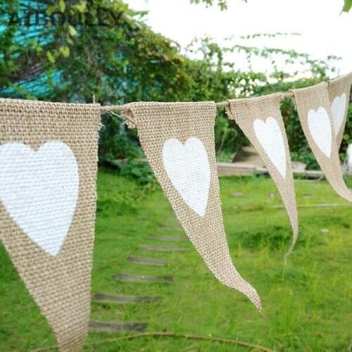 Burlap Jute Rope Flax Triangular Birthday Party Linen Heart Pennant Flag Banner Wedding Home Wall Hanging Decor Event Supplies