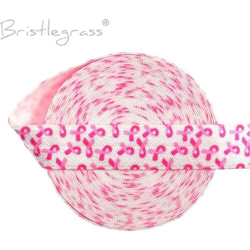 BRISTLEGRASS 5 Yard 5/8" 15mm Breast Cancer Awareness Print FOE White Fold Over Elastic Spandex Satin Band Hair Tie Dress Sewing