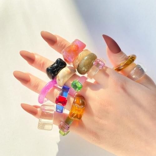 EN 2021 New Transparent Resin Acrylic Rhinestone Colorful Geometric Square Round Rings Set for Women Jewelry Party Gifts