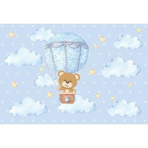 Birthday Backdrop Little Bear and Blue Hot Air Balloon Photography Background Celebration Photo Booth Studio Decor