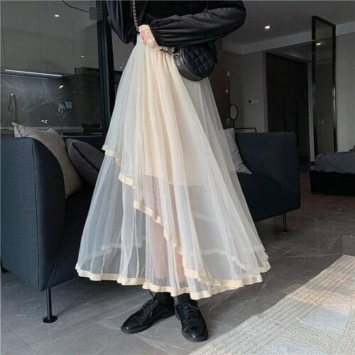 Harajuku Long Pleated Skirts Womens Summer Irregular Tulle Mesh Skirts Plus Size High Waist Skirts falda mujer