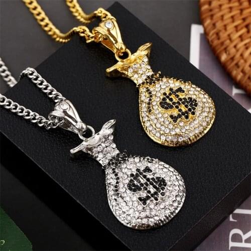 Hip Hop Jewelry Fashion Dollar Sign Money Bag Big Pendants Necklaces For Women Men Gold Silver Color Long Chain Necklace Gift