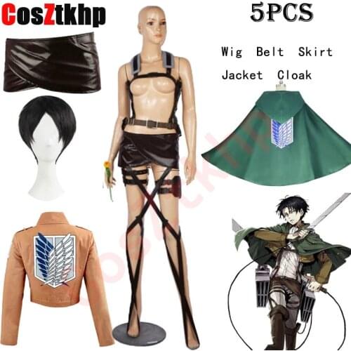 Anime Attack on Titan Levi Ackerman Cosplay Costume Set Wig Jacket Cloak Leather Harness Belt Apron Skirt Scouting Legion Cape