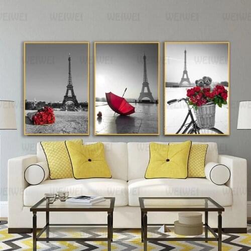 Red Umbrella Rose Black White Paris Eiffel Tower Landscape Poster Prints Canvas Painting Art Wall Picture Living Room Home Decor