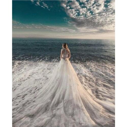 Beauty Women In White Dress By Sea DIY Diamond Painting Girl In Dress Diamond Embroidery Cross Stitch Rhinestone Mosaic Painting