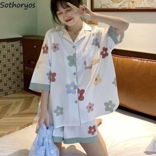 Summer Thin Pajamas Women Fashion Printed Single Breasted Short Sleeve Pyjamas Set Female Cozy Kawaii Korean Style Loose Casual