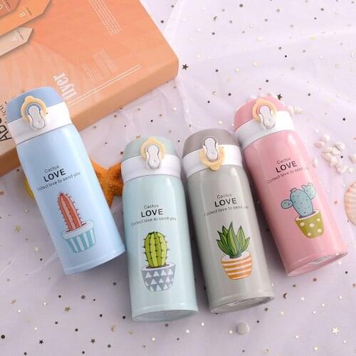 Cartoon 304 Stainless Steel Vacuum Flasks Bounce Cover Thermos Mug Small Cactus Portable Travel Water Bottle 350ml Thermocup