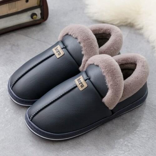 Mens Home Slippers Pu Women Winter Shoes Male Plush Warm Slippers Male House Sandal Light Weight Anti-Slip Comfortable Sneakers