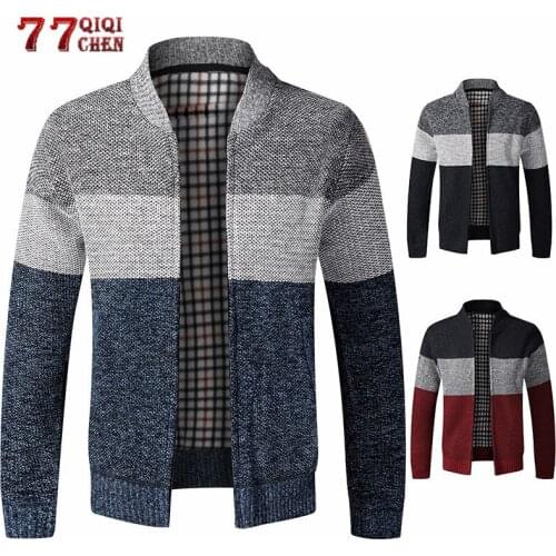 2020 Winter Mens Fleece Sweater Jackets Thick Cardigan Coats Autumn Casual Slim Patchwork Gradient knitted Zipper Sweatercoat