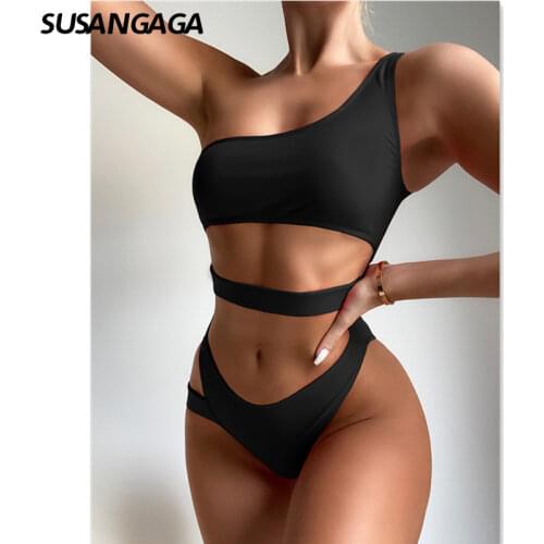 2021 New Black Bikinis Swimsuit Women Hollow Out Swimwear Oblique Shoulder Tops Brazilian Bikini Sexy Bathing Suit Beach Wear