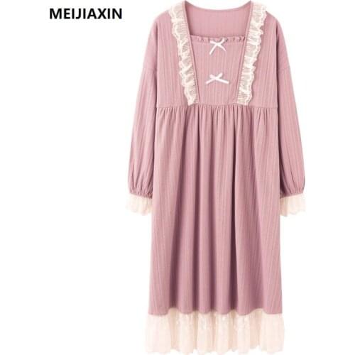 Autumn Knitted Cotton Women Nightgown Lace Long Sleeve Casual Soft Girls Sleepwear Sweet Big Size Female Nightwear