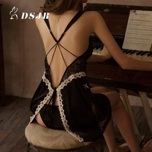 New Sexy Lace Satin Suspender Skirt Perspective Temptation Babydolls Erotic Sleepwear Sling Back Cross Strap Home Nightdress