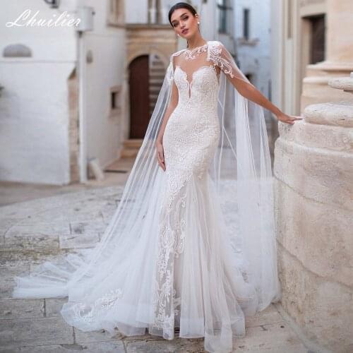 Lhuilier Mermaid Lace Appliques Wedding Dresses 2020 Sweep Train Sleeveless Illusion Back Tulle Bridal Dress with Cape