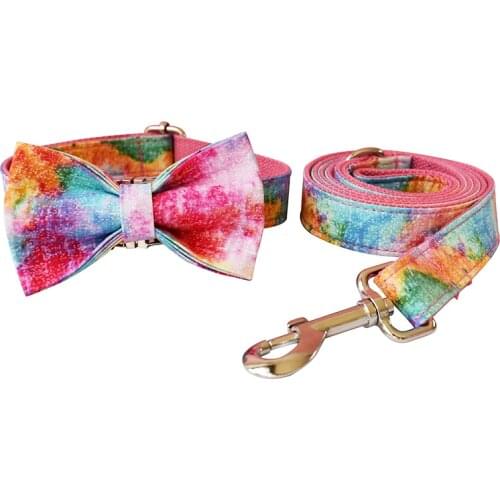 Dog Collar Leash Set Custom Engraving Colorful Pink Bowtie Dog Collar for Female Dog Adjustable Metal Buckle Pet Collar Supplies