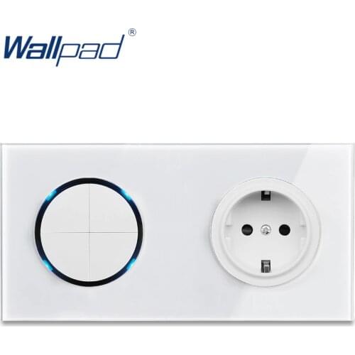 Wallpad L6 4 Gang 2 Way Switch with EU Schuko Wall Socket Electric Power Outlet White Tempered Glass Panel Frame 172 by 86 Size