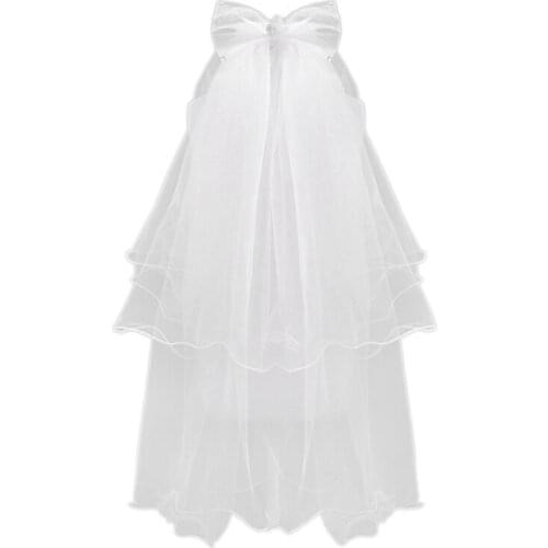 Women Wedding Veil Dress White Bowknot Layers Tulle Ribbon Edge Bridal Veils