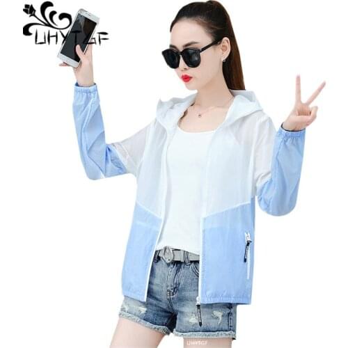 UHYTGF Plus Size Sun Protection Clothing Women Thin Jacket Fashion Zipper Hooded Short Tops Anti-UV Breathable Summer Coat 1056