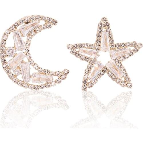 Luxury Crystal ZirconTrendy Star Moon Stud Earrings for Women Korean Gold Color Asymmetric Earrings Jewelry Pendientes Brincos