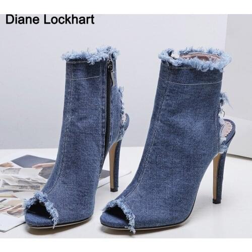 Women Stylish Denim Sandals Boots Peep Toe Stilettos Summer High Heel Gladiator Shoes Woman Blue sandalia 33s mujer 2021 Autumn