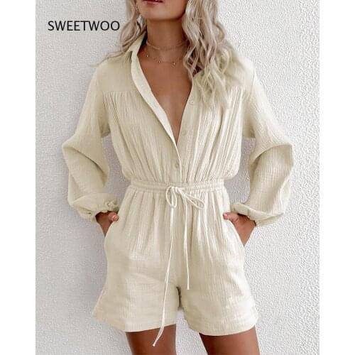 2021 Spring and Summer New Jumpsuit Womens Long-Sleeved Drawstring Pockets Waist Single-Breasted Cardigan Loose Jumpsuit
