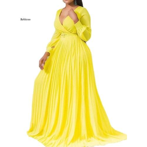 Plus Size Solid Color Elegant V-Neck Long Women Maxi Dress Africaine Femme Clothes African Women Dress Dashiki Pleated Robe