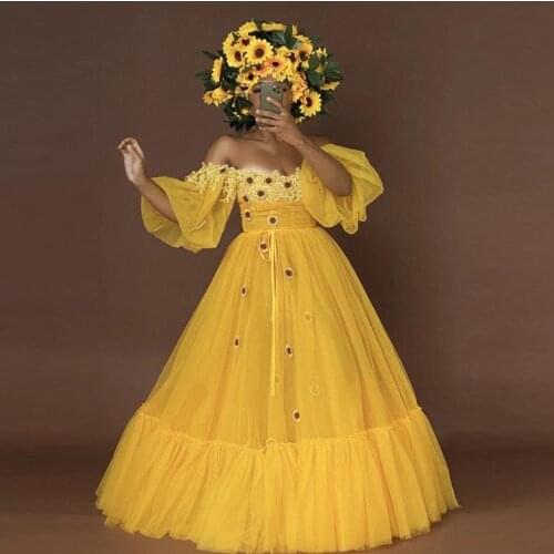Pretty Sunflower A-line Long Women Garden Dresses With Puffy Sleeves Prom Gowns Off The Shoulder Formal Party Dresses
