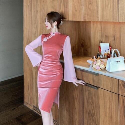 2020 New Womens Sexy Pink Velvet Stitching Chiffon Trumpet Sleeve Slim Bag Hip Split Retro Cheongsam Dress