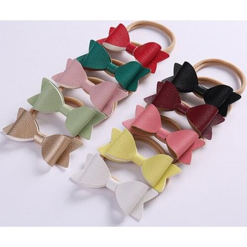 10pcs/set PU Leather Hair Bows on Nylon Headbands Little Girls Bowknot Elastic Hairbands Turban Head Wraps Hair Accessories