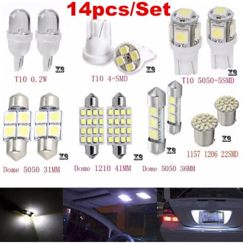 14pcs /Set LED 1157 T10 31/36/41mm Car Auto Interior Map Dome License Plate Replacement Light Kit White Lamp Set