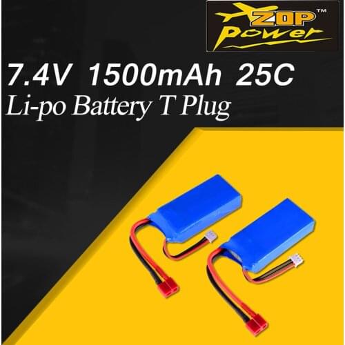2Pcs ZOP Power 1500mAh 7.4V 25C 2S Lipo Battery with T Plug For For Wltoys 12423 12428 RC Car Airplane Drone Helicopter Model