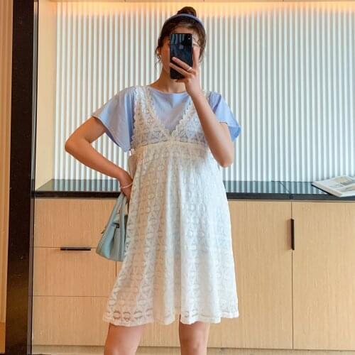 74366# Maternity Dress Summer Cotton Short Sleeves Loose Midi Dress Plus Size Pregnancy lace Dress Pregnant Women Suit
