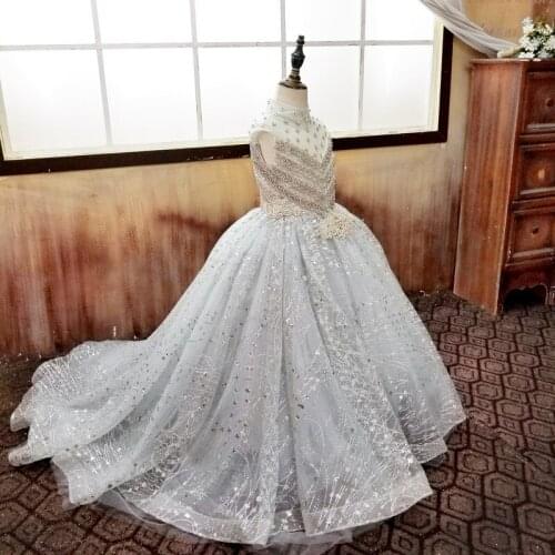 Luxury Silver Beading Crystal Flower Girl Dress Ball Gown Girls Party Pageant Dress Birthday Dress