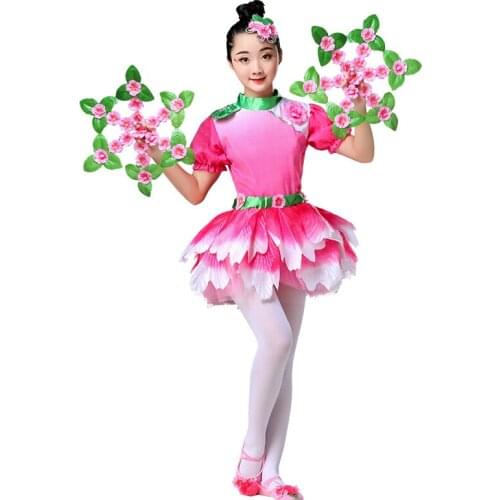 Childrens Yangko dance stage performance clothing new peach petal pattern costume girl jasmine fan dance costume