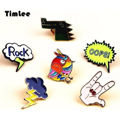 Timlee X246 Cartoon Rock Hand Enamel Pins Colorful Bird Lightning Cloud Crocodile Animal Metal Brooch Pins Gift Wholesale