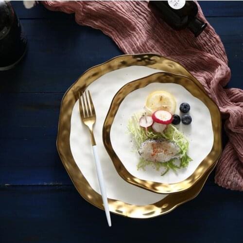 European Style Gold Side White/Black Plate Retro Tableware Matte Steak Dish Dessert Tray Kitchen Dinner Plates Ceramic Dishes