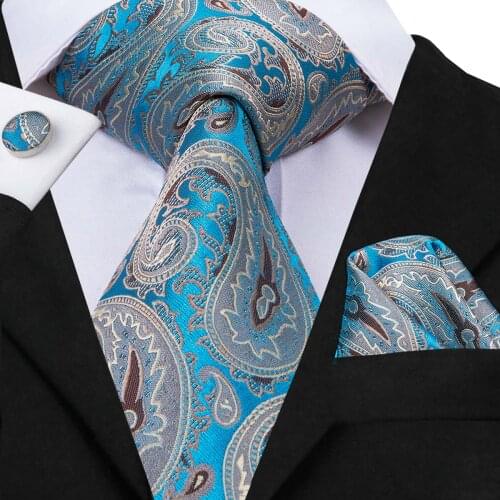 Hi-Tie Luxury Silk Tie Blue Paisley Ties for Men Tie Set and Pocket Square Cufflinks Mens Wedding Business Party Necktie C-3062
