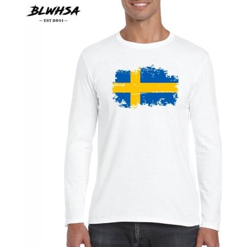 BLWHSA Size S-XXL Classic Men T shirt Sweden Flag Design Long Sleeve O Neck Mens T-shirt Cotton Tee Tops Men Brand Tshirt