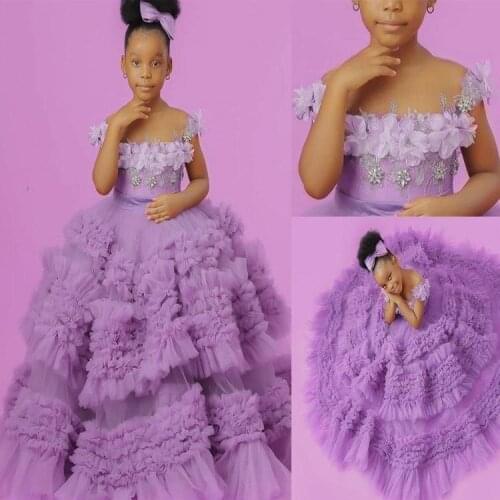 Lilac Crystals Lace 2021 Flower Girl Dresses Ball Gown Tiers Little Girl Wedding Dresses Cheap Communion Pageant Dresses Gowns