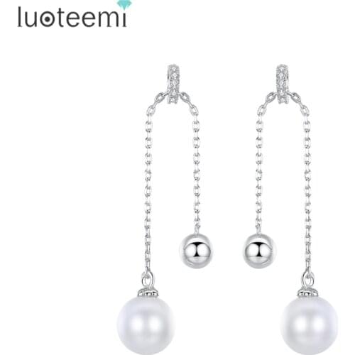LUOTEEMI 2017 Shiny CZ Cystal Drop Earrings Simulated Pearl with Round Ball Fashion Jewelry White Gold Color Long Brincos Gift