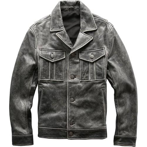 Vintage Gray Men Thick Cow skin Motorcycle Leather Jacket Fashion Single-breasted soft Cowhide Biker jackets Winter Coats