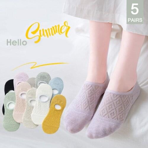 5 Pairs/Set Womens slippers Silicone non-slip invisible Cotton Socks Set Summer Solid Color Korean Style Mesh Ankle Boat Socks
