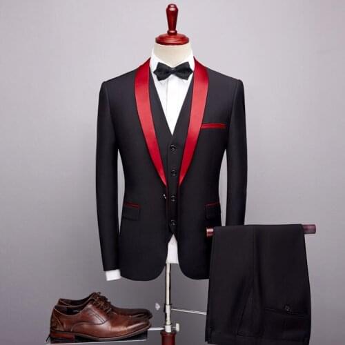 New men suitslim fit Groom groom wedding sets best men Business suits 3 piece jacket pant vest red black with pant