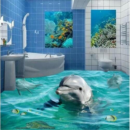 Custom creative 3D bathroom cute dolphin floor mural environmental waterproof non - slip self - adhesive decorative floor sticke