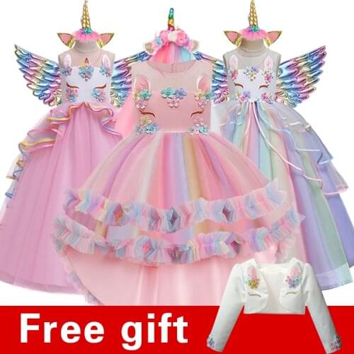 Flower Girl Unicorn Rainbow Wedding Party Dress Summer Girls Birthday Party Unicorn Role Dance Performance Dress Set 3-14 Years