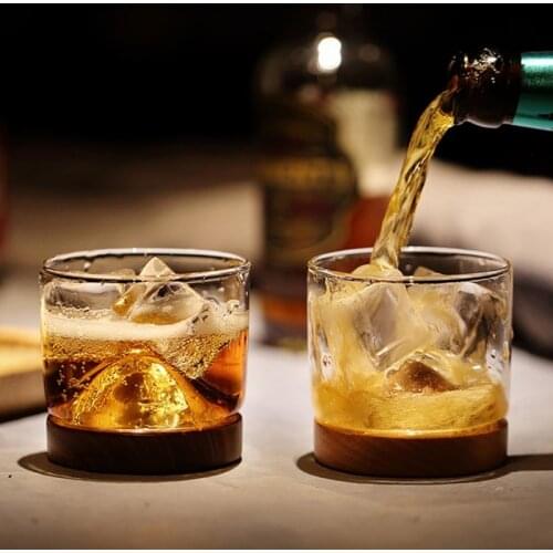 Transparent Crystal Mountain Wooden Bottom Glass Cup For Whiskey Wine Vodka Bar Club beer wine glass For Bar Kitchen Home