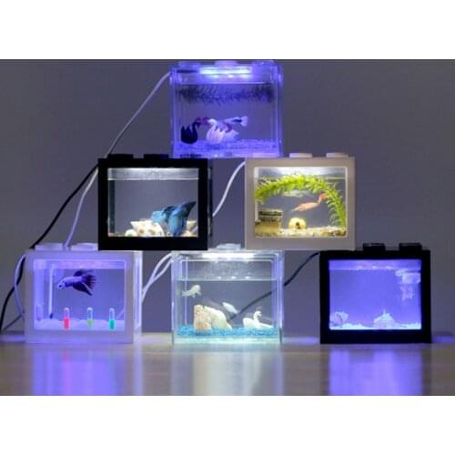USB Mini Aquarium Fish Tank with LED Lamp Light Home Office Desktop Decoration