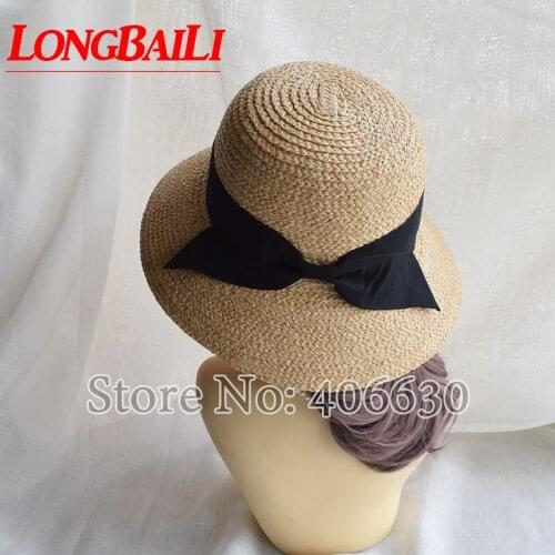 LongBaiLi Summer 8cm Wide Brim Women Raffia Straw Sun Hat Female Bow Beach Caps Free Shipping SWDS066