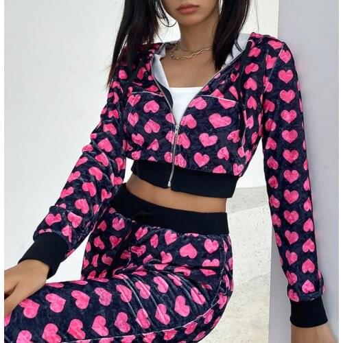 Tracksuits Women Velvet Two Piece Sets Yiciya Pink Heart Print Y2K Pants Suits Korean Zip Up Crop Jackets + High Waist Joggers